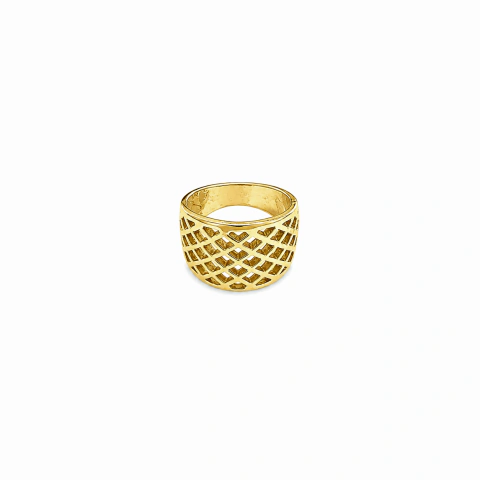 Anel Tamanho 17 Design Xadrez Vazado Banho Dourado