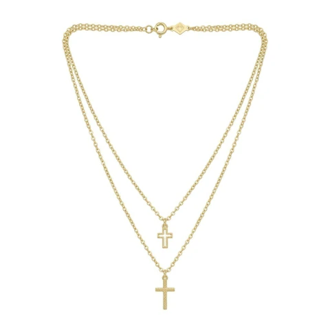 Colar Duplo com Crucifixo Vazado e Texturizado Banho Dourado