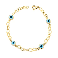 Pulseira Malha de Corações com Olho Grego Banho Dourado