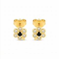 Brinco Banho Dourado Flor Cravejada e Zirconia Preta