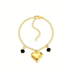 Pulseira com Coração e Pedras Pretas Banho Dourado