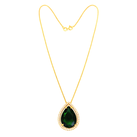 Colar Banho Dourado Pingente Gota Verde Cravejado Com Zirconia