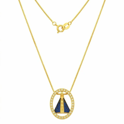 Colar Banho Dourado Com Pingente Nossa Senhora Cravejado Com Zirconias