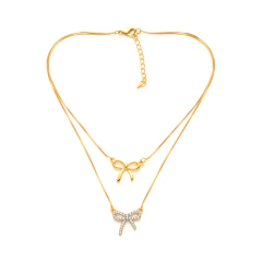 Colar Banho Dourado Duplo Laço Liso e Cravejado Com Zirconias