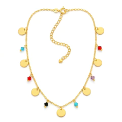 Colar Banho Dourado Com Bolinhas Coloridas e Círculos Liso