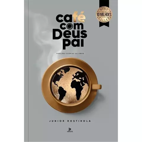 Capa do livro "Café com Deus Pai - 2026" com uma xícara de café dourada mostrando o mapa mundi na superfície do café.