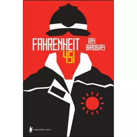 Capa do livro "Fahrenheit 451" de Ray Bradbury. A capa é predominantemente vermelha, com a silhueta em preto de um bombeiro vestindo um capacete e um casaco. O número "451" está em amarelo no centro do corpo do bombeiro.