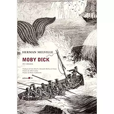 Capa de livro em preto e branco de "Moby Dick" de Herman Melville, ilustrando uma cauda de baleia e um barco de homens em águas turbulentas.
