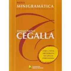 Capa do livro "Nova Minigramática da Língua Portuguesa" de Domingos Paschoal Cegalla, com fundo laranja e detalhes curvos em vermelho, indicando que inclui a nova ortografia.