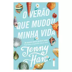 Capa de livro azul-claro com conchas e flores. O título "O VERÃO QUE MUDOU MINHA VIDA" e o nome da autora "Jenny Han" estão em branco. Há menção de ser da "mesma autora do best-seller Para todos os garotos que já amei" e o logo da "Intrínseca".