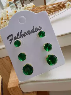 Cartela Folheada a Ouro Redondo Zircônia Esmeralda 409
