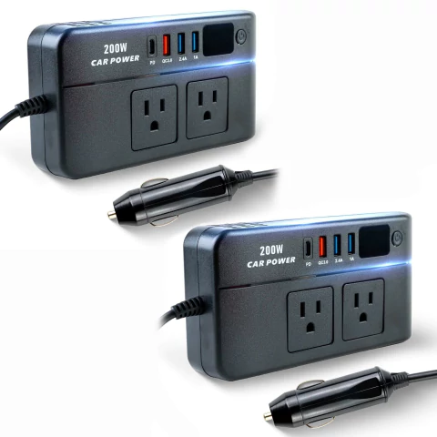 Set X2 Inversor De Corriente Para Auto 200W De 12V A 110V Con Puerto USB, Ideal Para Cargar Dispositivos En Viajes.