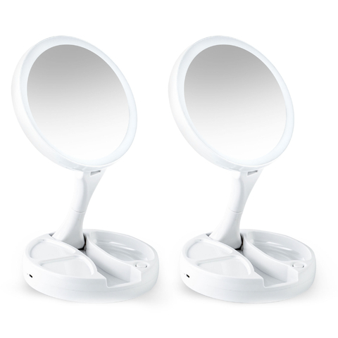Combo De 2 Espejos De Maquillaje LED Plegables Con Aumento 10X Recargables USB Portátiles De Mesa Para Uso Diario Y Viajes.