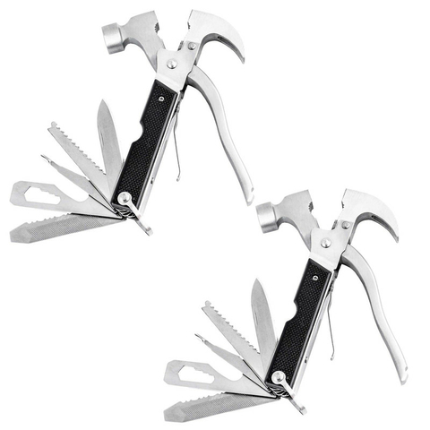 Set De 2 Martillos Multifuncionales 18 En 1 Tipo Navaja Suiza Con Alicate Destornillador Sierra Abrelatas Y Más, Herramienta Compacta.