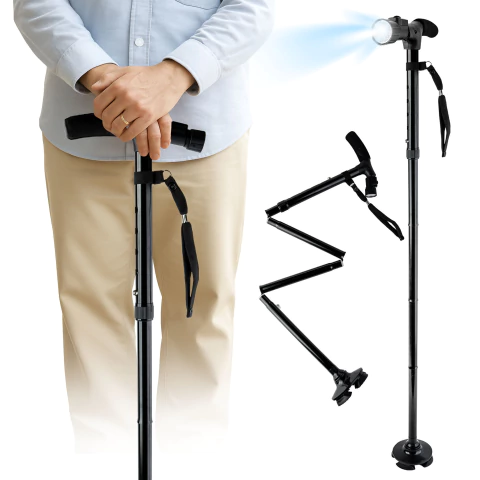 Bastón 4 Patas con Luz LED - Altura Ajustable y Plegable