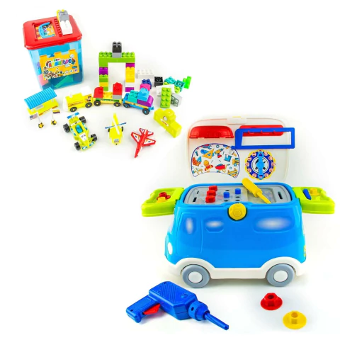 Combo 128 Pzas Juego Bloques Armatodo +Autobús Herramientas