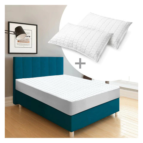 Combo Protector De Colchón En Algodón + 2 Almohadas De Fibra Antialérgicas, Suaves Y Lavables, Ideal Para Proteger Tu Cama Y Mejorar El Descanso. - comprar en línea