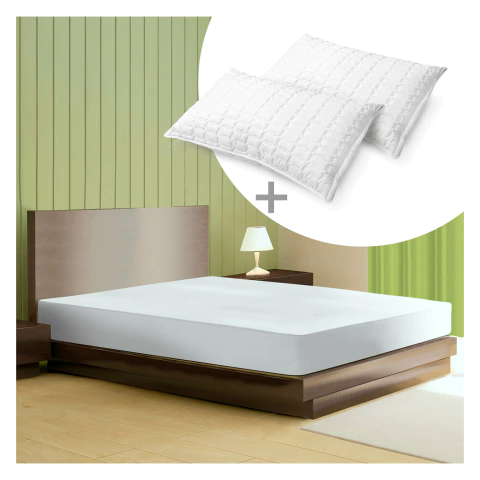 Combo Protector De Colchón Antifluido + 2 Almohadas De Fibra Suaves, Antialérgicas Y Lavables, Ideal Para Proteger Y Mejorar Tu Descanso Diario. - comprar en línea