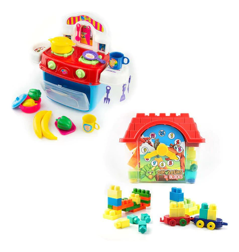 Combo Juguete: Estufa Con Horno + Casa Didáctica 60 Bloques
