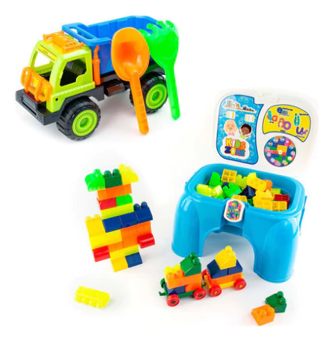 Juego Y Construcción: Set De Volqueta + Silla Con 60 Bloques