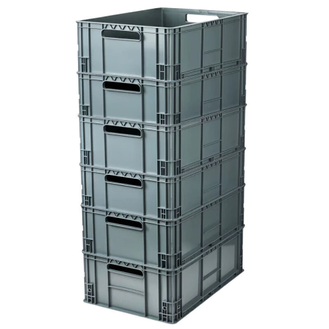 Set x6 Canastilla Plástica Tapada 60x40x25cm Apilable Industrial