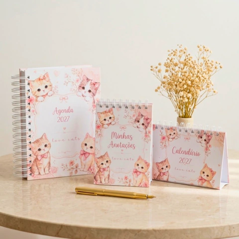 Kit Gatinha 2027 Agenda A5 + Bloquinho + Calendário | Papelaria Feminina Presente
