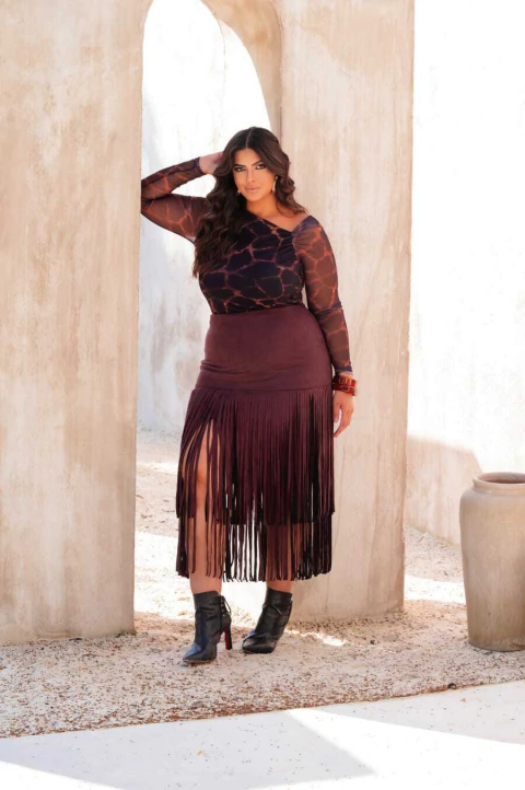 Saia midi em suede e franjas Diva's