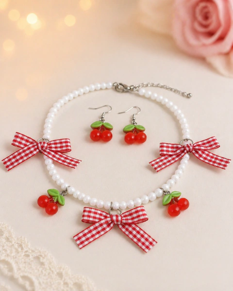 Kit Colar + Brincos Cerejinhas Infantil — Delicadeza e Charme para Pequenas Fashionistas