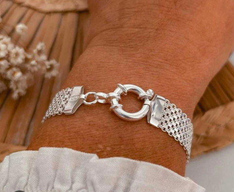 Pulseira em Prata 925 Malha Italiana/Mesh com Fecho Argola Bóia – Acabamento Polido