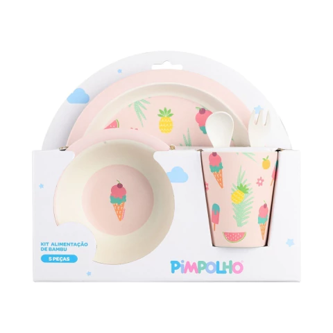 Kit Alimentação Infantil de Bambu 5 Peças Rosa