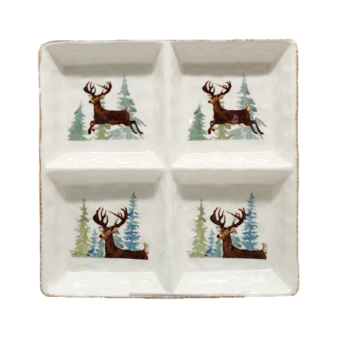 Prato Petisqueira em Cerâmica Dolamita com 4 Divisórias Alce 20x20x3,5cm – Coleção Natal The Cozy Home - comprar online