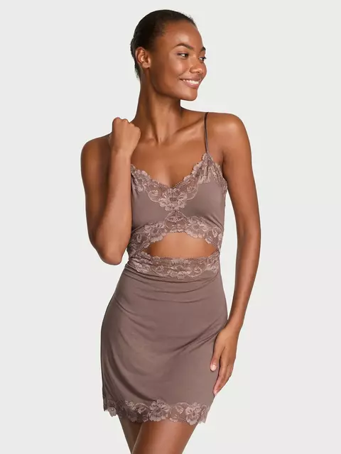 Victoria's Secret - Vestido curto com acabamento em renda modal macio - Marrom
