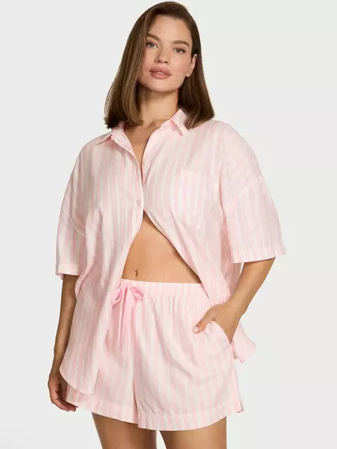 Victoria's Secret - Conjunto de pijama curto oversized de flanela - Printi Rosa