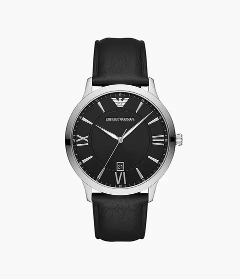 Relógio masculino Emporio Armani de couro preto com três ponteiros e data