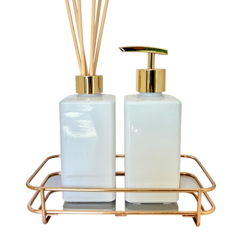 Kit Lavabo Difusor Aromatizador Sabonete Líquido com Bandeja BRANCO E DOURADO