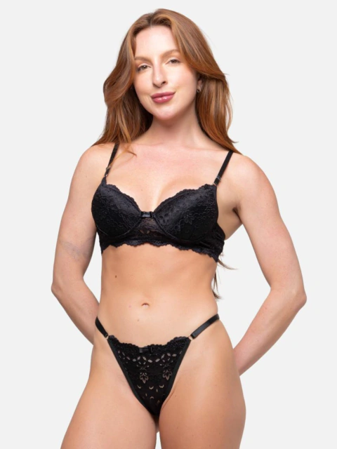 Conjunto com bojo e aro, renda e calcinha com regulagem - Serena