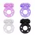 Anéis penianos coloridos em formato de coelho, disponíveis em rosa, roxo, transparente e preto, com detalhes em forma de coração.