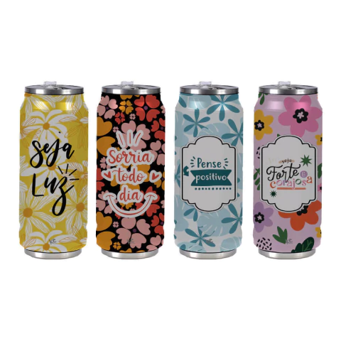 Garrafa Térmica Squeeze 500ml Aço Inox Latinha C/ Bico Estampas Motivacionais Happy - comprar online