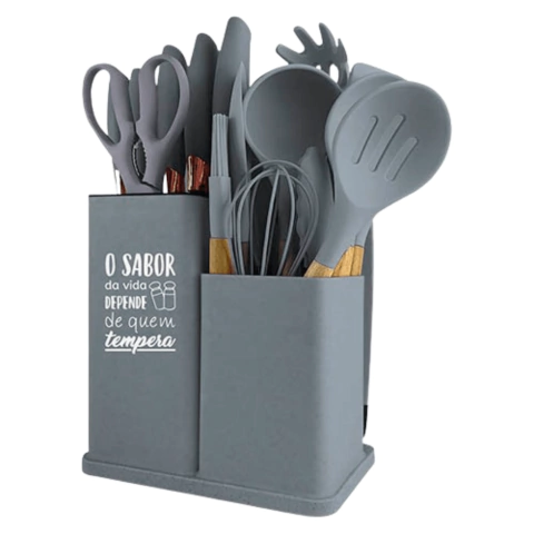 Kit 19 Peças Talheres de Silicone Montana Cinza Utensílios de Cozinha