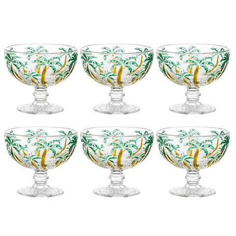 Jogo C/ 6 Taças de Sobremesa Palm Tree Alto Relevo 310ml Mesa Posta Sorvete Doces