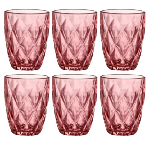 Jogo 6 Copos de Vidro Diamond Rosa 280ml Luxo Bebidas Água Suco