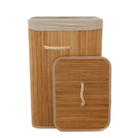 Cesto De Roupa Suja Retangular Bambu 72 Litros Lavanderia Com Tampa e Alças Forrado Grande Organizador Banheiro
