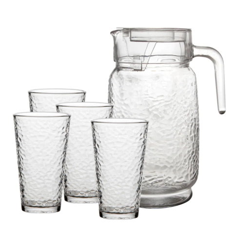 Conjunto de Jarra 2L C/ 4 Copos Martelado 480ml Resistente Mesa Posta