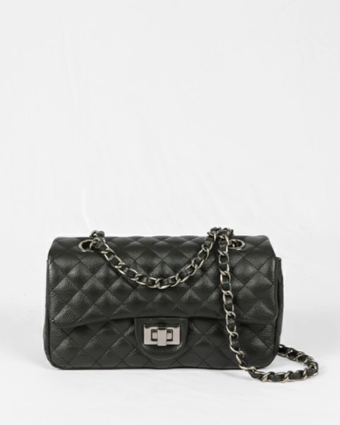 Bolsa Feminina de Couro - Victoria Preto com Ferragens Grafite