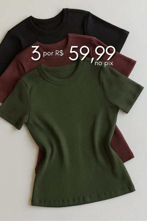 Trio Camiseta Básica (preto, marrom, verde militar) - comprar online