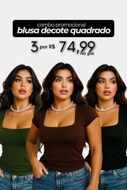 Trio Camiseta Decote Quadrado Suplex (preto, marrom, verde) - comprar online