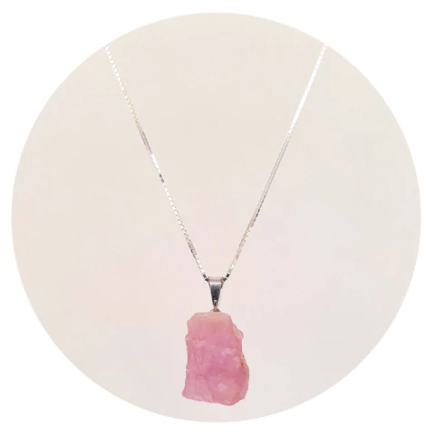 Colar Prata 925 com Banho Ródio Quartzo Rosa Bruto Natural