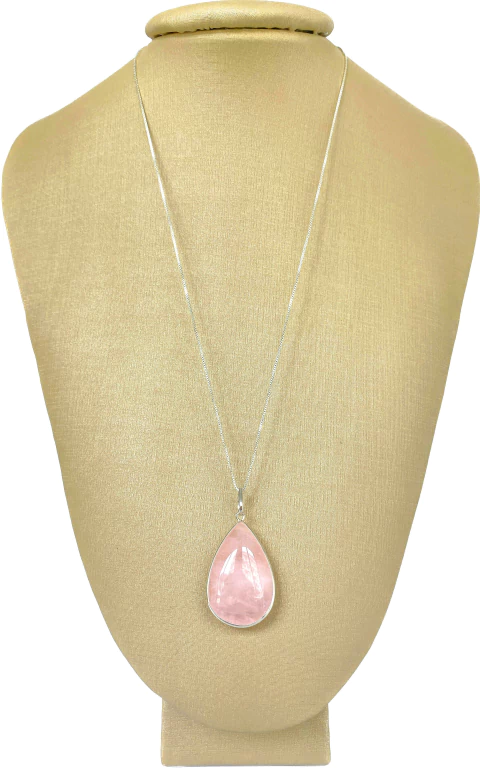 Colar Prata 925 Quartzo Rosa Gota Semi Lapidado Prata