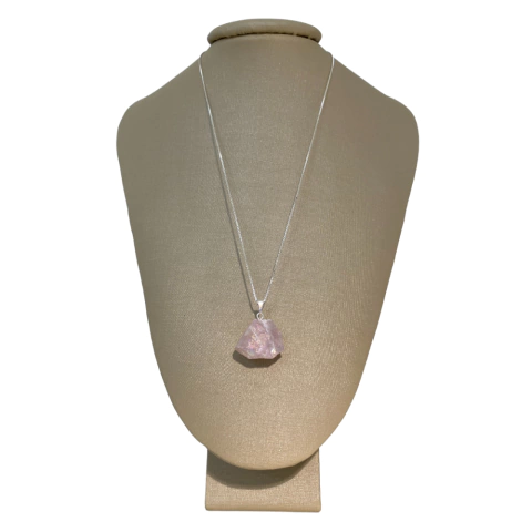 Colar Prata 925 com Banho em Platina Quartzo Rosa Metalizado