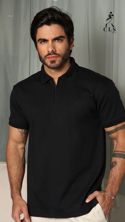 Polo Manga Curta Com Zipper Preta - 3053 7/7